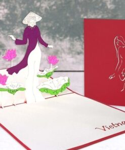 Thiệp Cô Gái Mặc Áo Dài và Hoa Sen V01